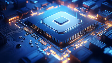 close-up of a CPU chip on a circuit board with the transistors and other components clearly visible. The chip is glowing with a bright blue light
 - obrazy, fototapety, plakaty