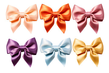 six colored silk ribbon bows isolated on a white background