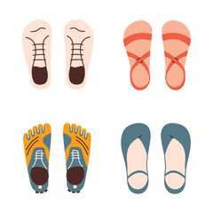 Barefoot shoes for different lifestyles, types of minimalist footwear, hand drawn set, doodle icons of toe shoes, sport sneakers, urban and dress shoes, vector illustrations, isolated colored clipart