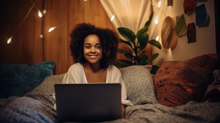 happy young african american woman relaxing with laptop at home lying in bed .- generative AI, fiction Person