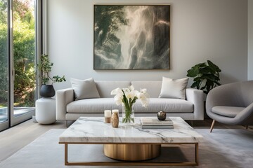 modern sitting area featuring a beautiful marble coffee table. Generative AI