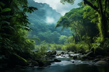 Scenic Asian rainforest scene during daytime. Generative AI - obrazy, fototapety, plakaty