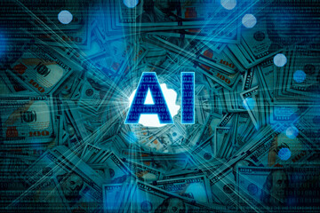 AI and finance concept. Artificial intelligence, stacks of bills 100 US dollars. Making money in...