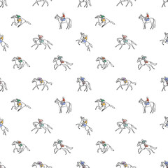 Horse racing seamless pattern. Horse and jockey silhouettes and poses background. Vector illustration