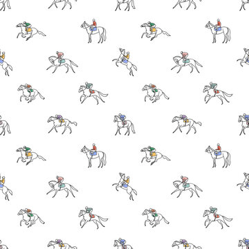 Horse racing seamless pattern. Horse and jockey silhouettes and poses background. Vector illustration