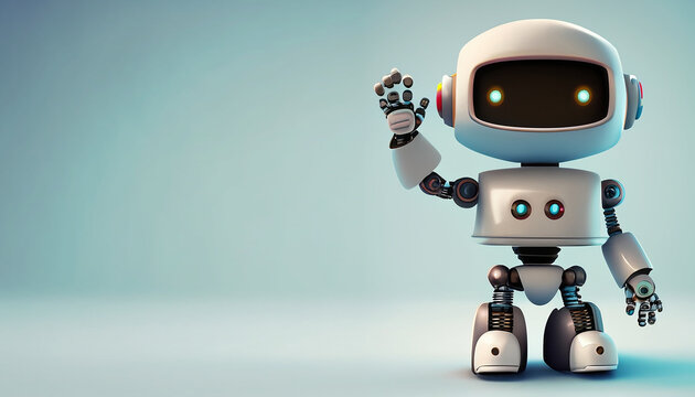 Cute robot waving hand with a smile over minimal background. Generative AI