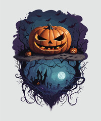 Vector halloween pumpkin design with dead trees and bats background