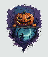 Vector halloween pumpkin design with dead trees and bats background