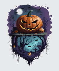 Vector halloween pumpkin design with dead trees and bats background