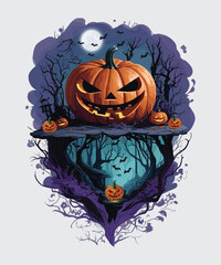 Vector halloween pumpkin design with dead trees and bats background