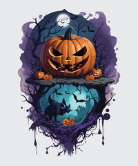 Vector halloween pumpkin design with dead trees and bats background