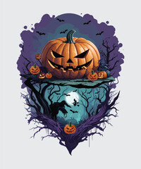 Vector halloween pumpkin design with dead trees and bats background