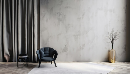 Living room interior mockup with carpet, white chair, and curtain. Blank gray concrete wall. Generative AI