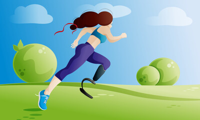 Fototapeta na wymiar Disabled woman with prosthetic leg running outdoor. Disabled technology and lifestyle. Vector