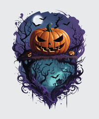 Vector halloween pumpkin design with dead trees and bats background