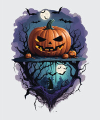 Vector halloween pumpkin design with dead trees and bats background