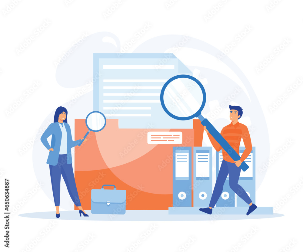 Poster file manager, data storage and indexing, workers searching file. employee uses magnifying glass.flat