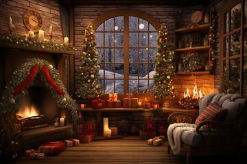 Fototapeta na wymiar Cozy Christmas living room with adorned furnishings, tree, garlands, candles, wreath & gifts. Ideal for card backgrounds. Generative AI
