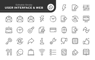 Line icon set. Web mobile user interface. UI and UX. Vector icon pack. Web icons in outline linear style.