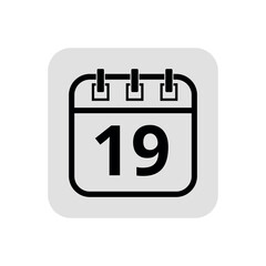 Calendar flat icon in hollow stroke in black color, vector illustration of calendar with specific day marked, day 19.