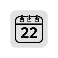 Calendar flat icon in hollow stroke in black color, vector illustration of calendar with specific day marked, day 22.