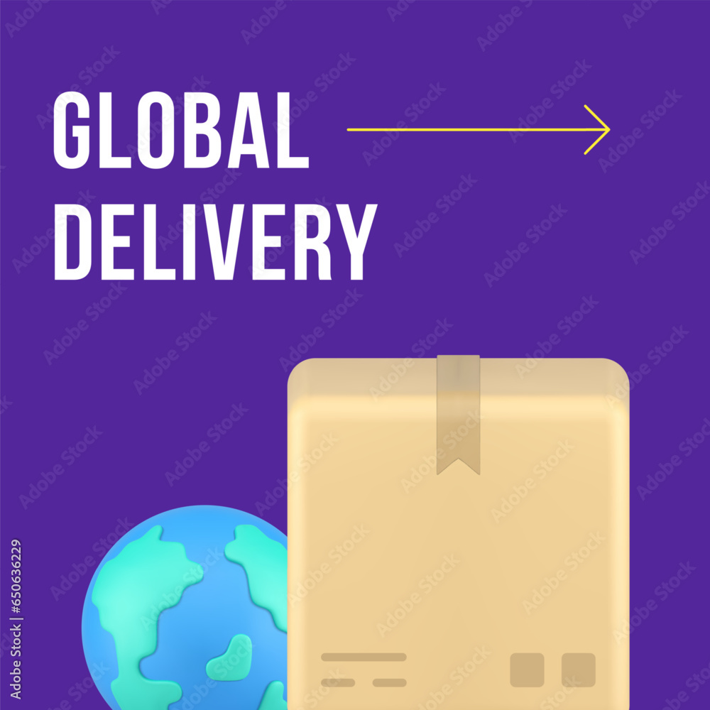 Poster global delivery express logistic shipment social media post design template 3d realistic vector