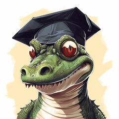kolorowa ilustracja wesołego krokodyla jako absolwenta uczelni w stroju galowym w todze i birecie.