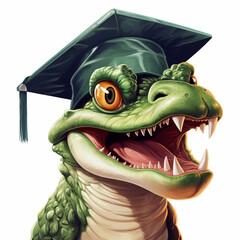 kolorowa ilustracja wesołego krokodyla jako absolwenta uczelni w stroju galowym w todze i birecie. - obrazy, fototapety, plakaty