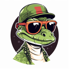zabawny rysunkowy krokodyl w czapce i okularach - obrazy, fototapety, plakaty