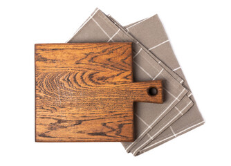 Wooden cutting board isolated on white background. Wooden kitchen board and kitchen towel. Design.MOCKUP. Kitchenware.