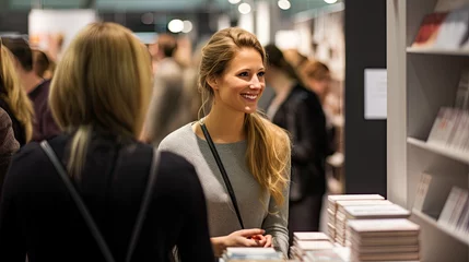 Fotobehang Eine lächelnde Frau auf einer Buchmesse - Messe © Erich