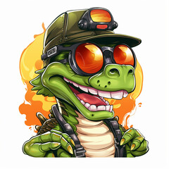 zabawny rysunkowy krokodyl w czapce i okularach - obrazy, fototapety, plakaty