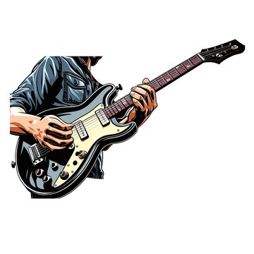 Nimble fingers play a rapid guitar solo in cartoon style on a white background