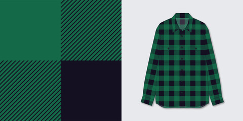 Flannel shirt mockup vector template design with green and black lumberjack buffalo plaid seamless pattern