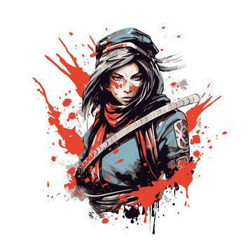 Design female ninja ronin fashion, Illustration, Watercolor PNG