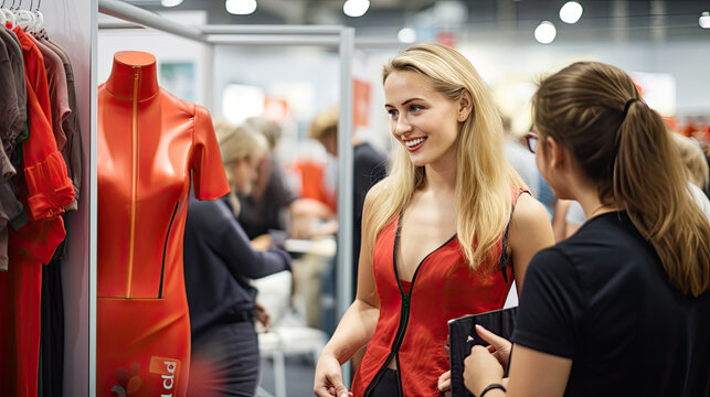 Eine lächelnde Frau auf einer Textil - Messe Kleider, Blusen, Kostüme