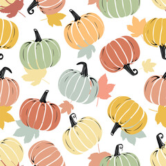 Vector Hand drawn pumpkin Seamless Pattern on white background Colorful Hand Drawn Pumpkins Texture Flat  style vegetables pattern wallpaper illustration Farm gardening cooking and halloween concept