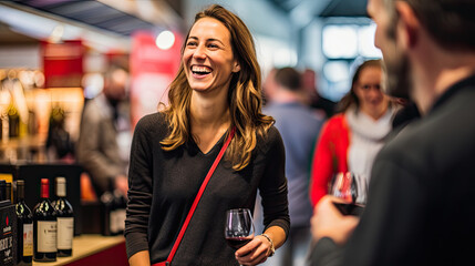 Eine lächelnde Frau auf einer Wein - Messe