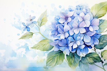 Watercolor painting of hydrangea and leaves. Ideal for greeting cards and event invites. Great summer backdrop. Generative AI
