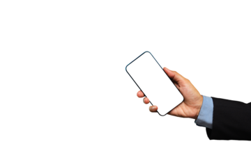 Businessman holding a white blank screen smartphone vertically while standing on a transparent background.