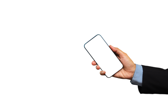 Businessman holding a white blank screen smartphone vertically while standing on a transparent background.