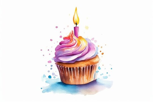Watercolor cupcake with a lit candle on white background. AI generated