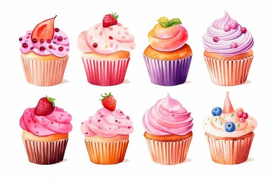 Watercolor cupcakes with floral decorations on white background. AI generated