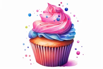 Foto op Plexiglas Watercolor cupcakes with sprinkles and icing on white background. AI generated © PandaStockArt