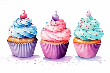 Foto op Plexiglas Watercolor cupcakes with sprinkles and icing on white background. AI generated © PandaStockArt