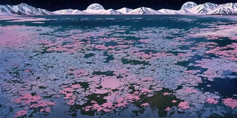 Anime, landscape, winter, flower field