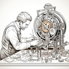 Precise watchmaker assembles intricate timepieces in cartoon style