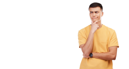 Young man, student and thinking, decision or choice of university, college or education isolated on transparent, png background. Person with ideas or doubt and planning, goals or learning inspiration