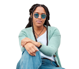 Portrait, sunglasses and black woman with style, fashion and confident girl isolated on a transparent background. Person, lady or model with funky eyewear, casual outfit and stylish clothes with png