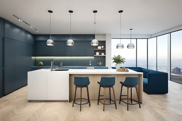 Modern white and blue kitchen with wooden details and parquet floor, modern pendant lamp interior design concept idea.